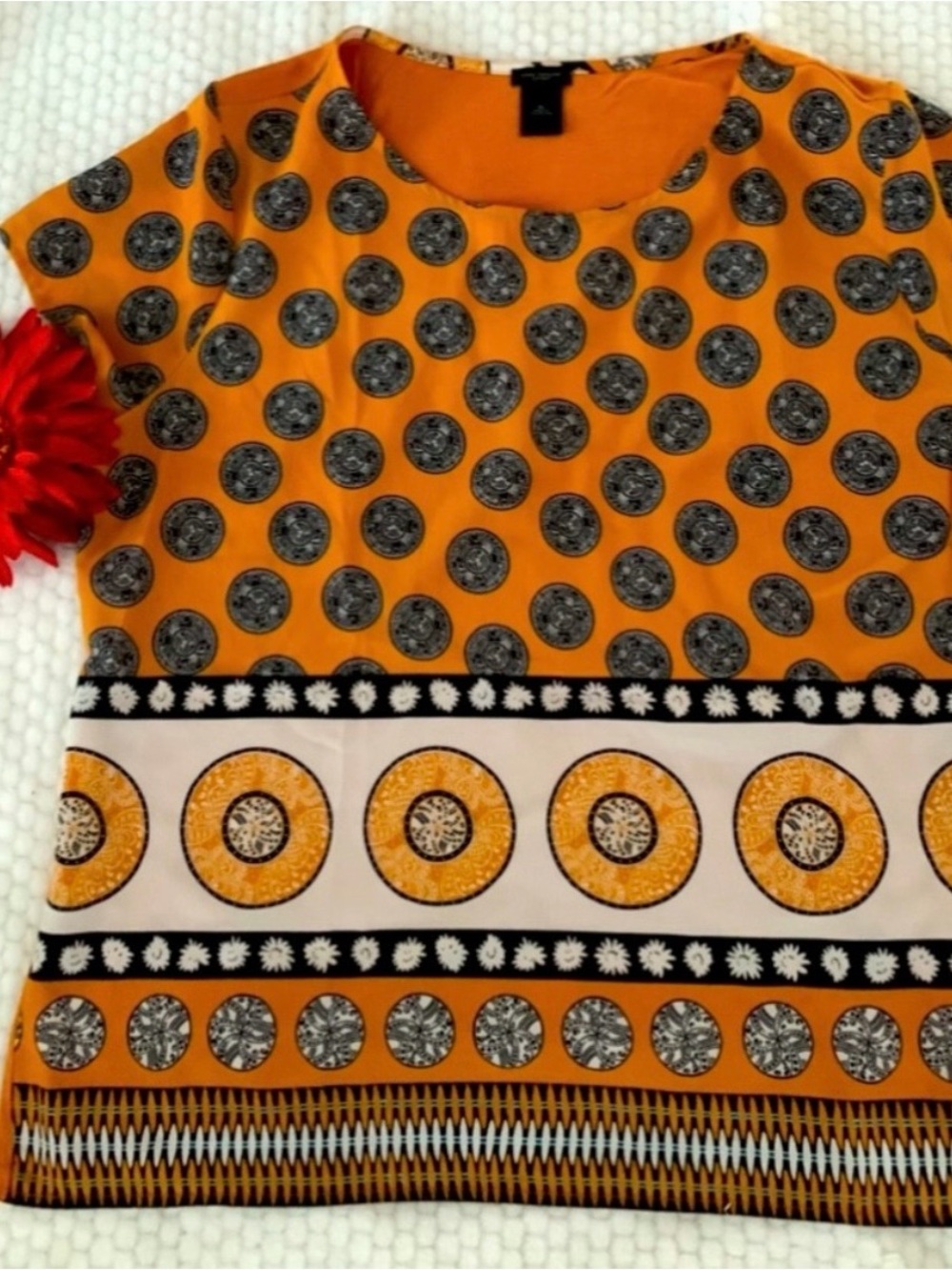 Ann Taylor Mustard Yellow and Black Patterned Short-Sleeve Top